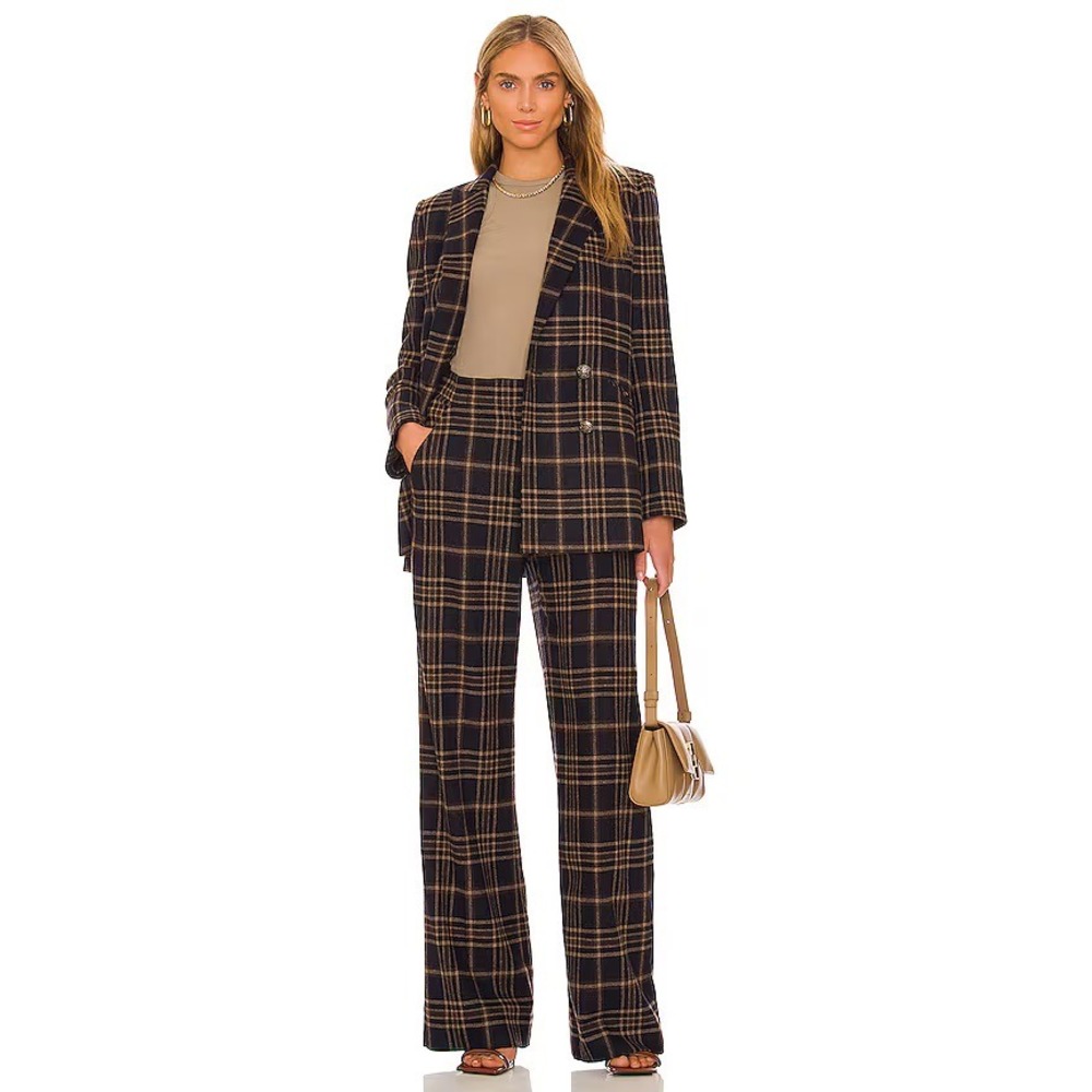 Veronica Beard Tuli Pant Ink‎ Camel 8 Blue Tan Plaid Chic Academia Wool Trouser